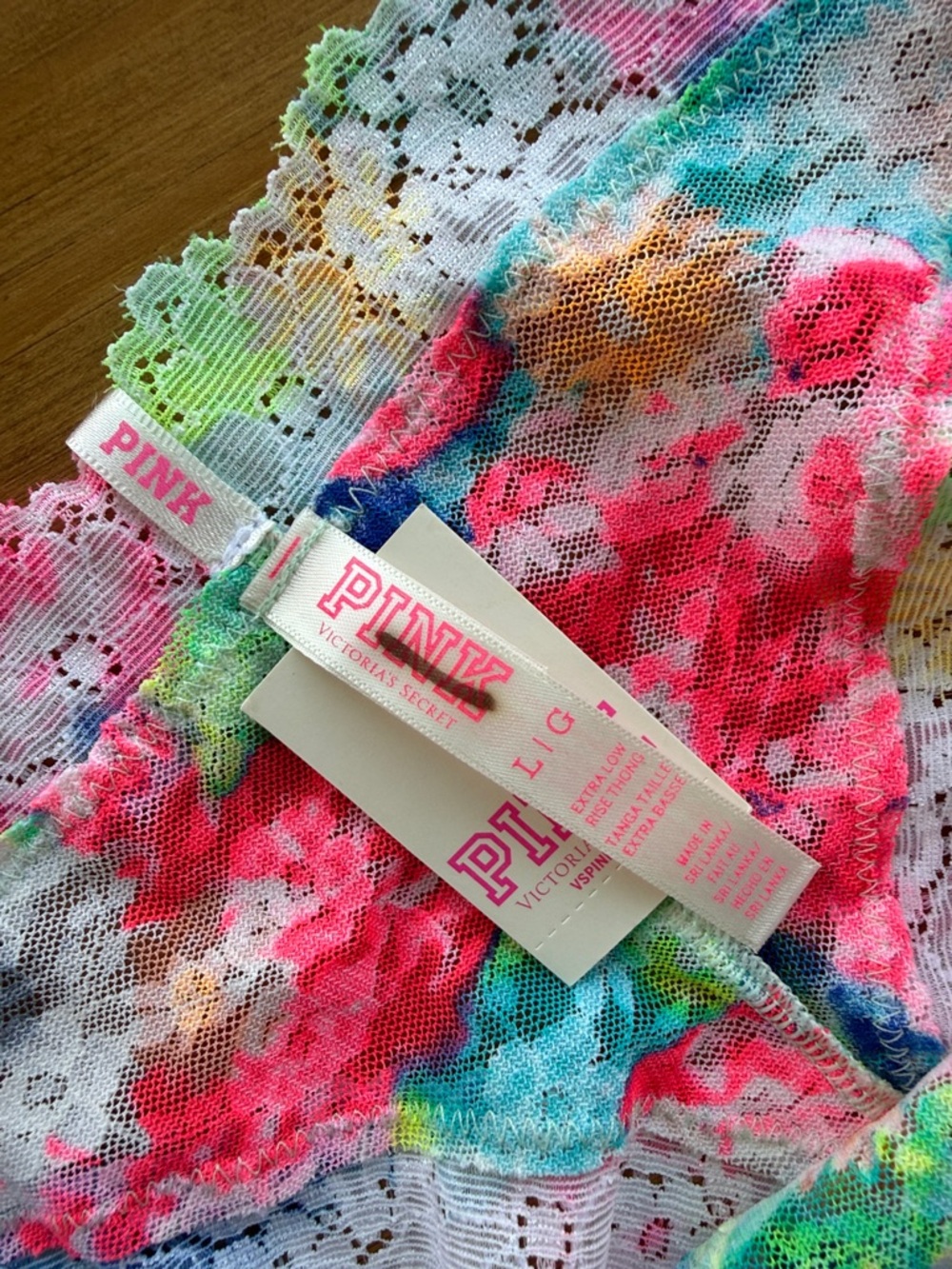 NWT PINK Victoria's Secret Neon Tie-Dye Floral Lace Extra Low Rise Thong Tanga L - Picture 5 of 6